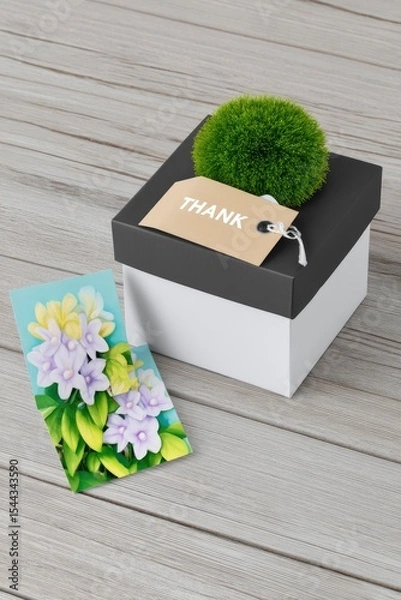 Obraz Thank You Gift Box with Matching Card and Flowers