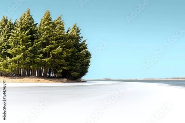 Obraz Thin Line of Evergreen Trees on a Frozen Lake Under a Blue Sky
