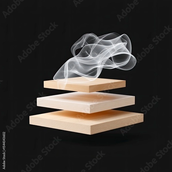 Obraz Three Beige Wooden Boards with Ethereal Smoke in Dark Void