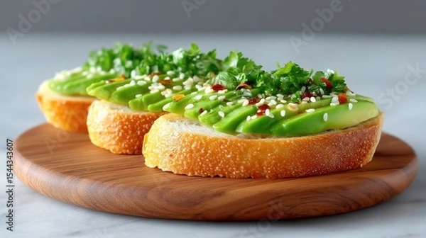 Obraz Three Avocado Toasts on Sourdough with Sesame Seeds and Parsley