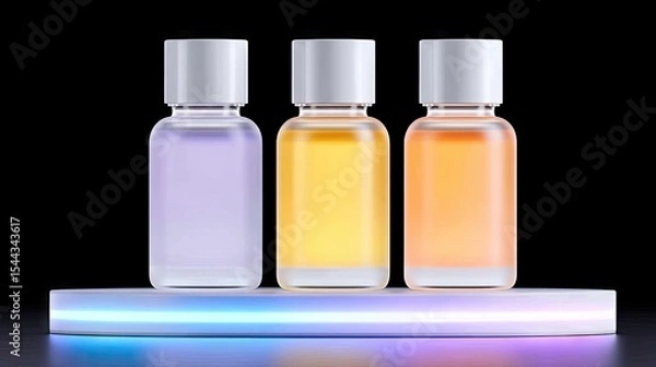 Obraz Three Glass Bottles with Colorful Liquids on Illuminated Acrylic Riser
