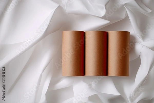 Obraz Three Brown Paper Tubes on White Crumpled Fabric