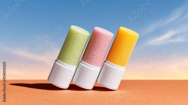 Obraz Three Glittery Lip Balm Tubes Arranged Diagonally Against a Desert Landscape
