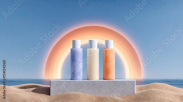 Obraz Three Pastel Bottles on Beach Display Stand at Sunset