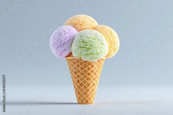 Obraz Three Pastel Scoops of Ice Cream in a Waffle Cone