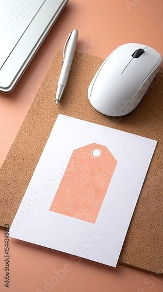 Obraz Top View Minimal Workspace with Peach Tag and Accessories