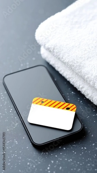 Obraz Top View of Smartphone with Blank Tag and White Towels