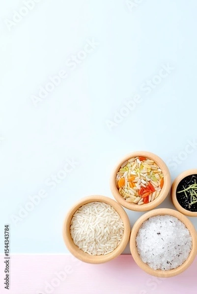 Obraz Top View Organic Grains in Kraft Bowls on Pastel Background
