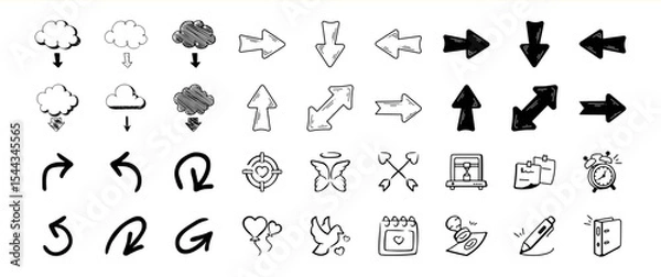 Fototapeta Collection of Hand Drawn Black Arrows Clouds and Icons