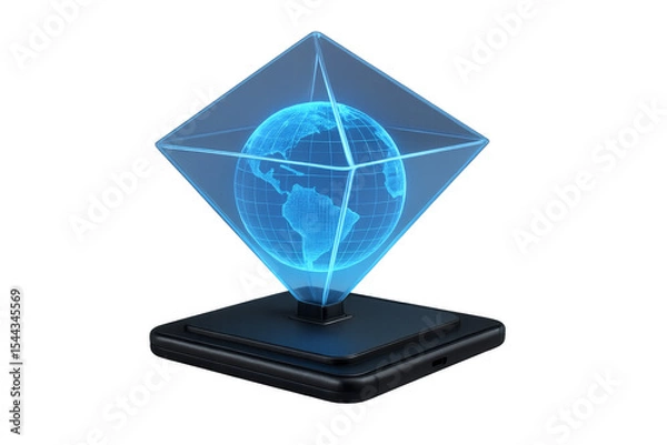 Obraz Hologram of planet earth rotating inside a glass pyramid on a smartphone with transparent background