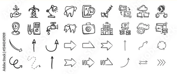 Fototapeta Hand Drawn Icon Set Collection of Arrows Technology and Nature Symbols