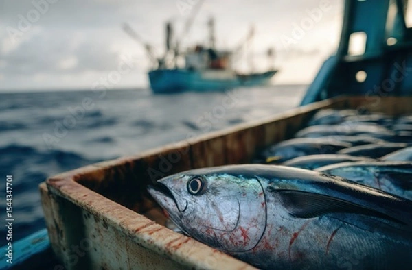 Obraz A fish is in a crate on a boat