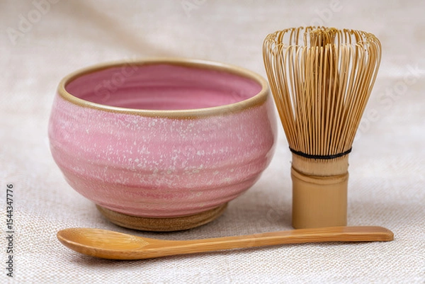 Fototapeta Pink Glazed Tea Bowl With Chasen and Spoon on Table