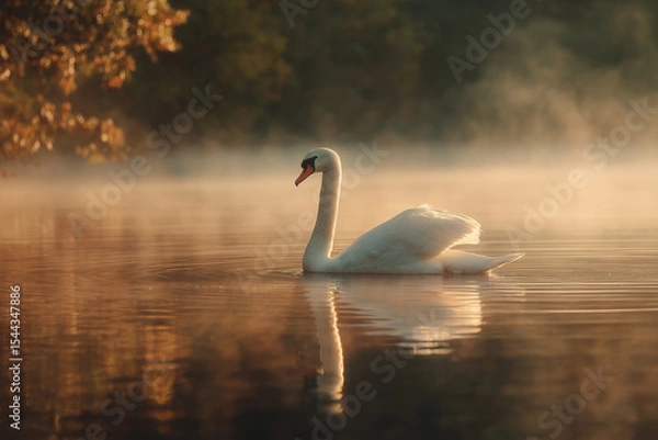 Fototapeta Swan in Silhouette on Serene Lake at Dawn