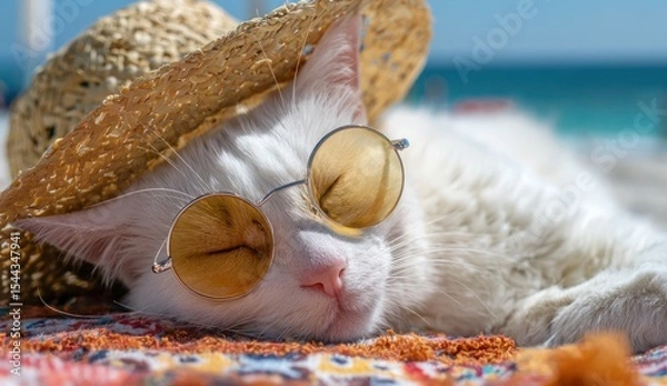 Obraz A white cat wearing sunglasses and a straw hat is laying on a beach towel