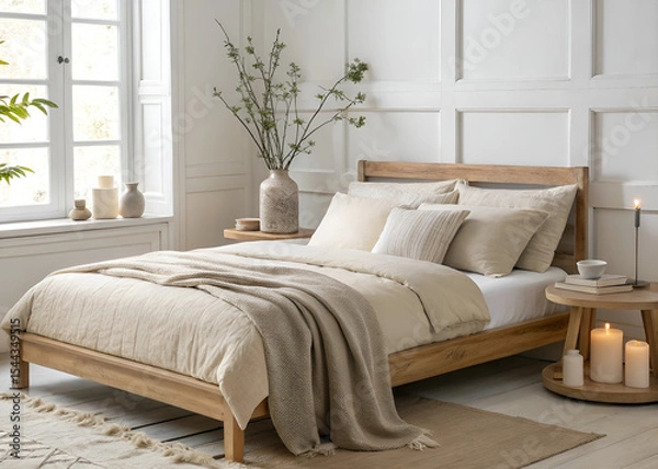 Fototapeta Cozy minimalist bedroom interior featuring beige linens, wooden bed frame, soft pillows, ceramic candle holders, clean white background, natural side window light, calm and warm atmosphere