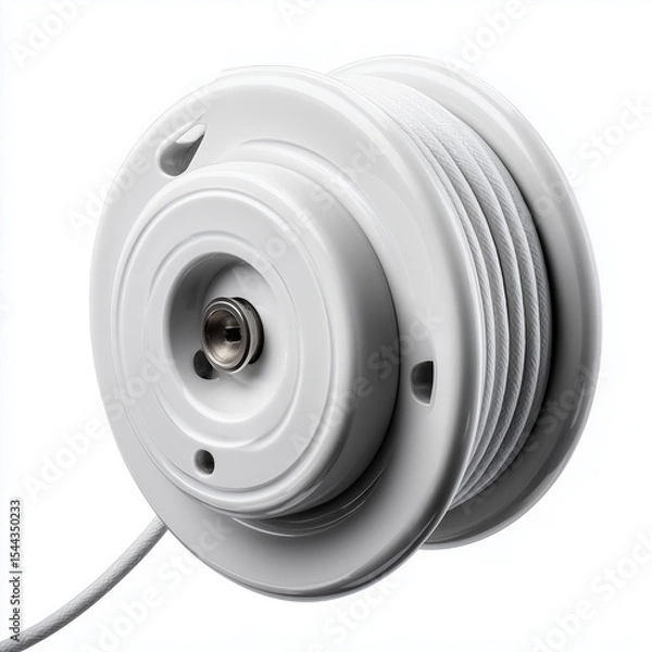 Fototapeta Retractable cord reel with white cable isolated on white background  