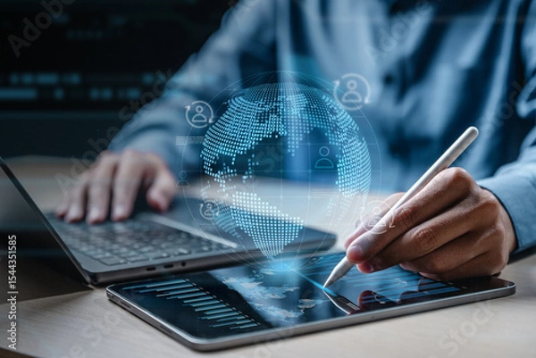 Fototapeta Crm, Customer relationship management system software. Global business concept. Sales and marketing analysis technology. Digital marketing data report dashboard.