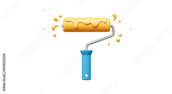 Fototapeta Yellow and blue paint roller with orange paint splash for wall painting and renovation projects isolated on a transparent background, png, cutout.