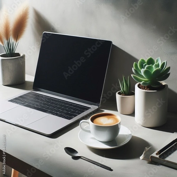 Obraz A minimalist workspace with a laptop a cup of espresso and a sma