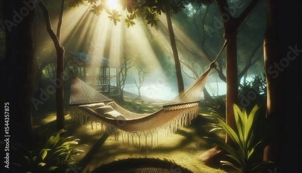 Obraz Empty hammock gently swaying in dappled light – restful peace
