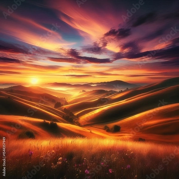 Obraz Evening Glow on Hills Rolling hills bathed in the soft warm ligh