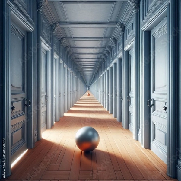 Obraz Infinite Corridor of doors with a ball at the end