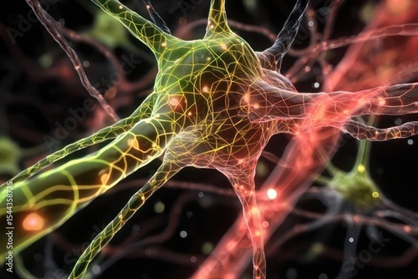 Obraz Plexus patterns of glowing neural connections represent virtual intelligence in a dynamic display.