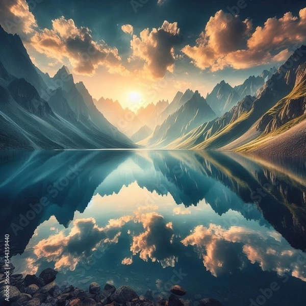 Obraz Mountain Lake with Reflection A serene lake surrounded by mounta