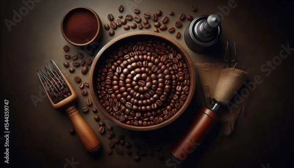 Obraz Overhead view of coffee beans in a spiral matte rich browns unde