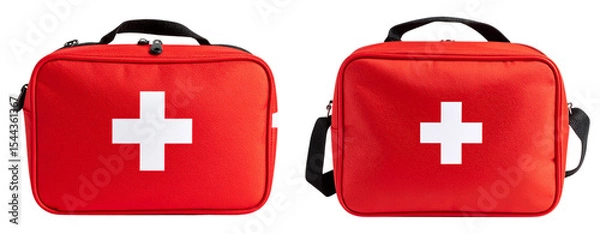 Obraz  Bright Red First Aid Bag with White Cross Emblem, lying flat, isolated on white background PNG