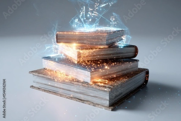 Obraz Stack of books with futuristic projections, symbolizing e-learning and innovative knowledge exchange.