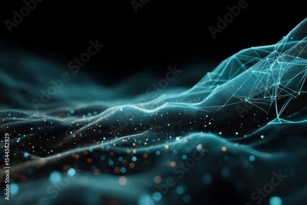 Obraz Big data visualized as abstract wave-shaped networks flowing across cyberspace.