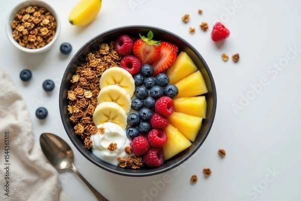 Fototapeta A colorful smoothie bowl topped with granola, banana slices, pineapple, blueberries, raspberries, strawberries, and a dollop of yogurt.