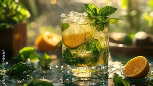 Fototapeta A perfectly chilled mojito with ice and condensation on the glass, set on a sunlit table with deep shadows