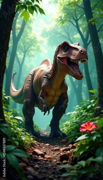 Obraz Massive Tarbosaurus stalks through dense prehistoric jungle , cretaceous, hunting, powerful