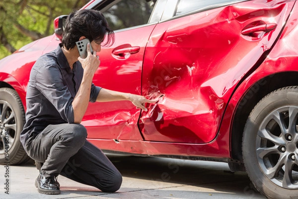 Fototapeta Car accident crash, Car accident protection, Claim collision, Auto emergency. Crashed car claim insurance.