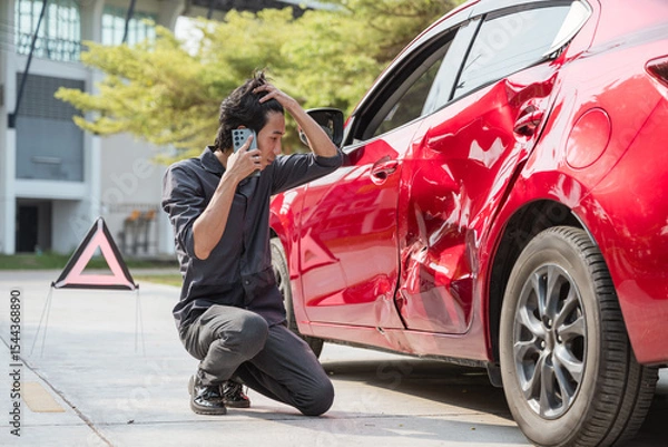 Fototapeta Car accident crash, Car accident protection, Claim collision, Auto emergency. Crashed car claim insurance.