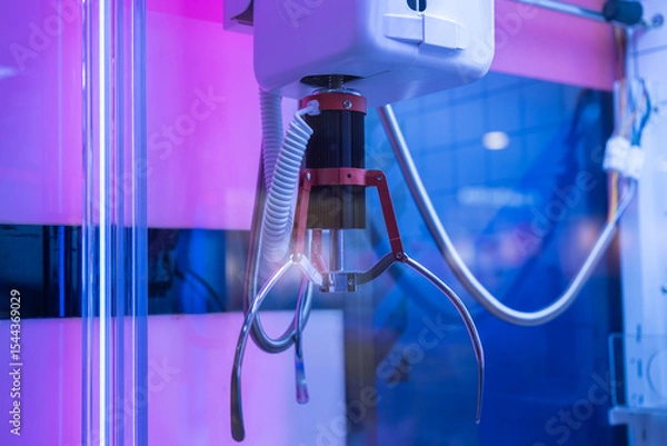 Fototapeta Close-up of a claw machine gripper inside an arcade game with vivid blue and purple neon lighting, showing mechanical details and vibrant reflections.