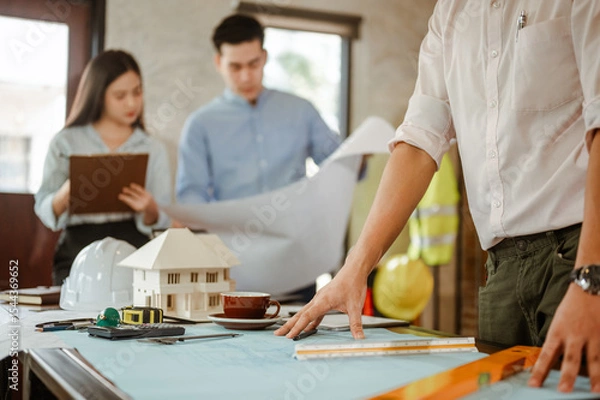 Fototapeta Architect engineer office concept. Architecture engineering plan. Construction plans.