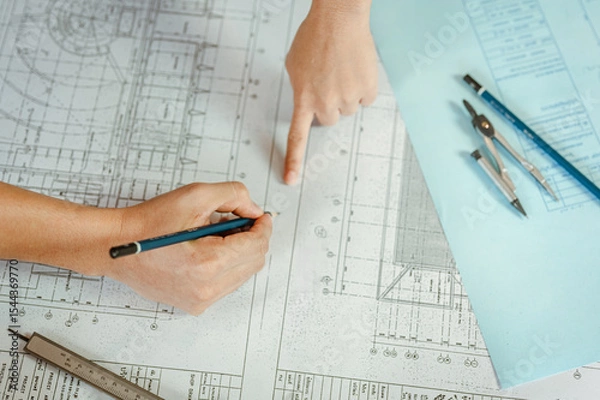 Fototapeta Architect engineer office concept. Architecture engineering plan. Construction plans.