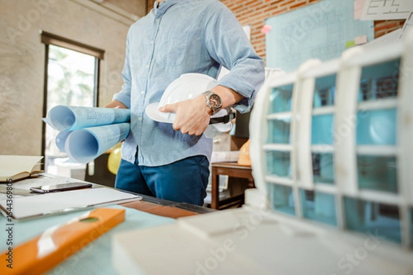 Fototapeta Architect engineer office concept. Architecture engineering plan. Construction plans.