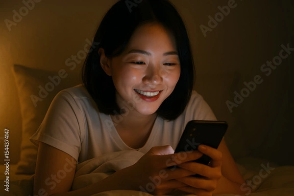Obraz Asian woman lying on the white bed and playing smartphones during night time. She is chatting with her friend. Using phone in low light is impact to eyes. Health and social Concept. Ai Generative.