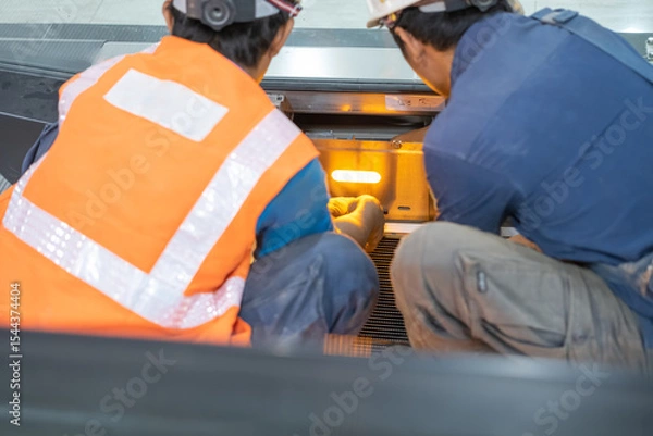 Fototapeta Two male workers in safety helmets and gear perform escalator maintenance, inspecting the illuminated interior section of the machinery with focused teamwork and precision.