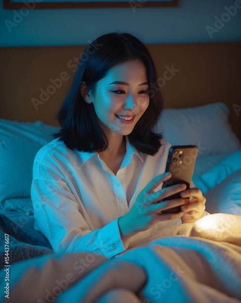 Obraz Asian woman lying on the white bed and playing smartphones during night time. She is chatting with her friend. Using phone in low light is impact to eyes. Health and social Concept. Ai Generative.