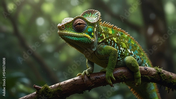 Fototapeta Textured Green Chameleon Resting on Mossy Jungle Branch with Vivid Detail and Soft Bokeh

