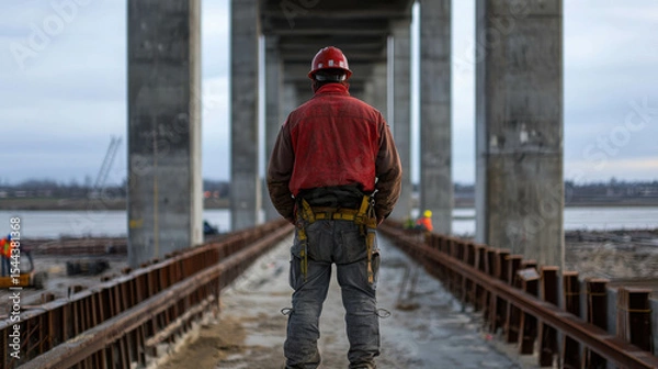 Fototapeta Construction Worker Overseeing Progress on Bridge Structure with Steel Framework in Background