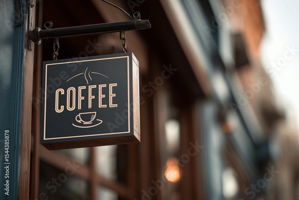 Fototapeta A sign for a coffee shop with a cup on it. The sign is hanging on the side of a building