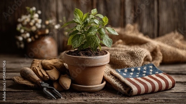 Obraz Rustic Gardening Still Life with American Flag