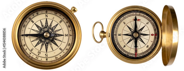 Obraz Vintage Brass Navigation Compass with Shadow, isolated on transparent background PNG